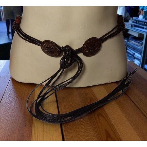 Belt Tie On Hippie Boho Brown Beaded & Buttons Alternating Leather String 36\